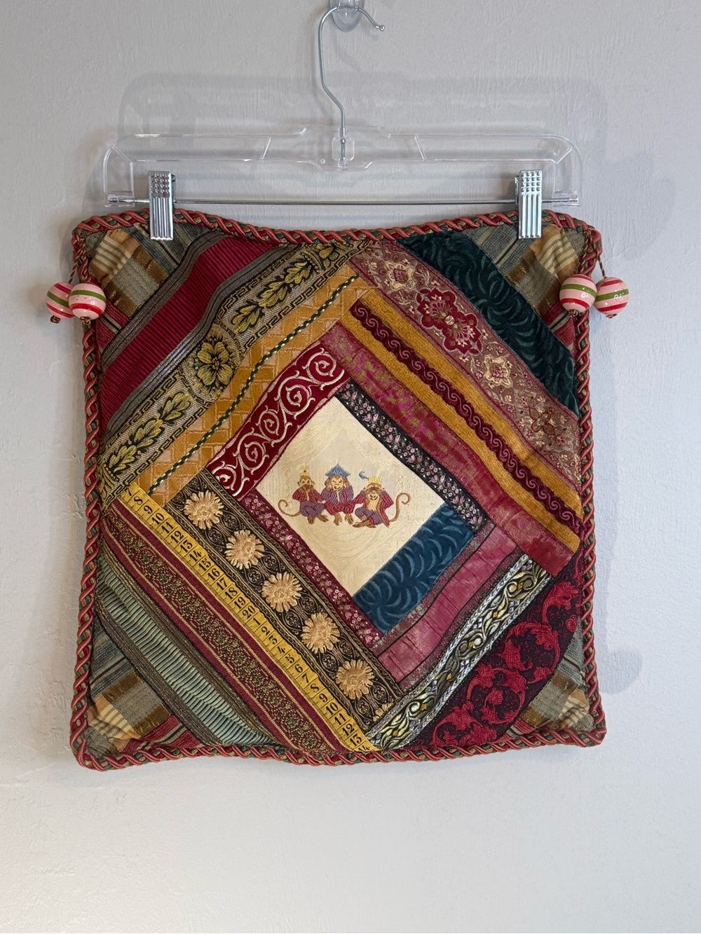 Vintage SWEET DREAMS, INC. Three Monkeys Patchwork Pillow Beaded Tassels 16”X16”